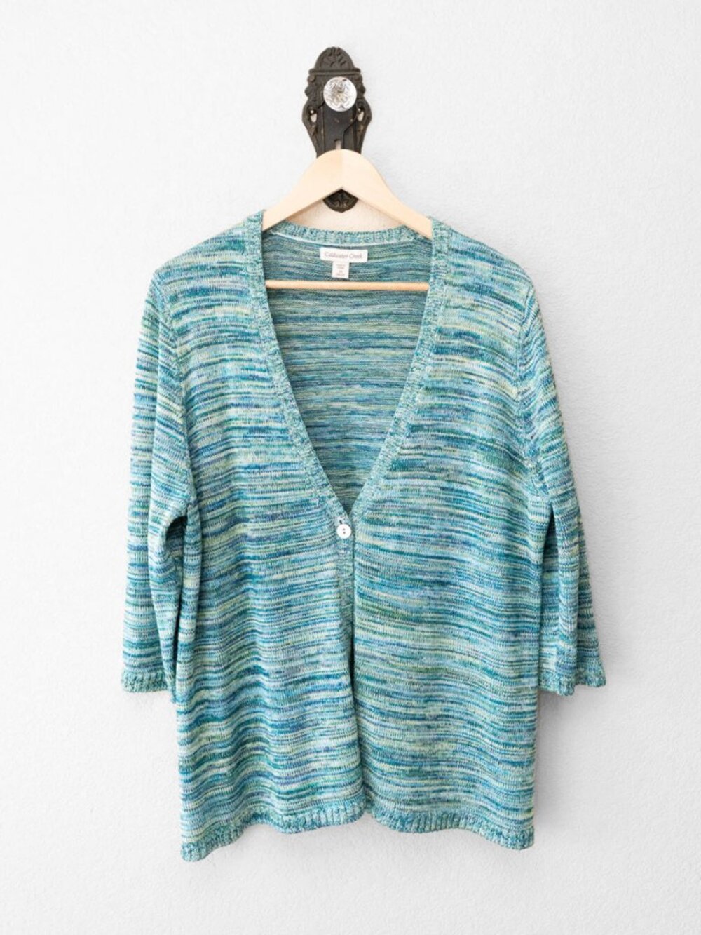 Coldwater Creek Cardigan Womens 2X Blue Green Silk Cotton V Neck Sweater 20 22
